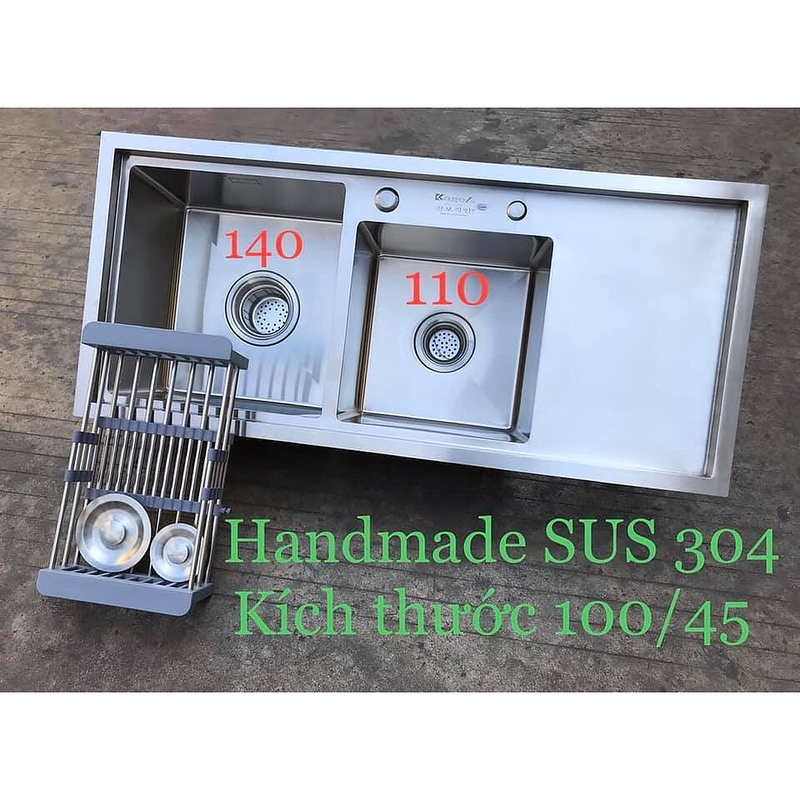 Chậu rửa bát inox 2 hố lệch có bàn chờ phải Kagol K10045 BT 304