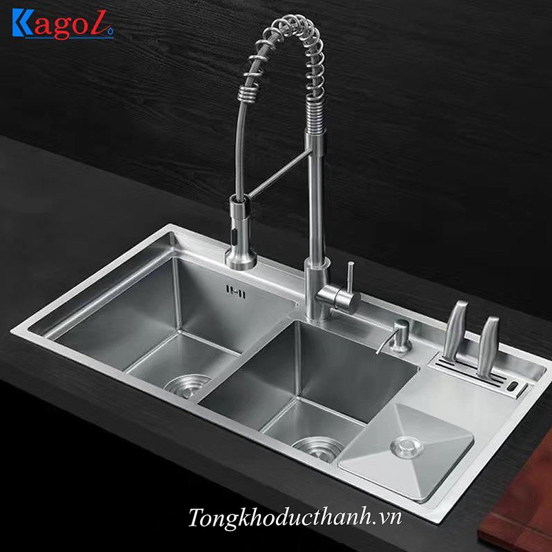 Chậu rửa bát inox 2 hố lệch có bàn chờ phải Kagol K10048 BT 304