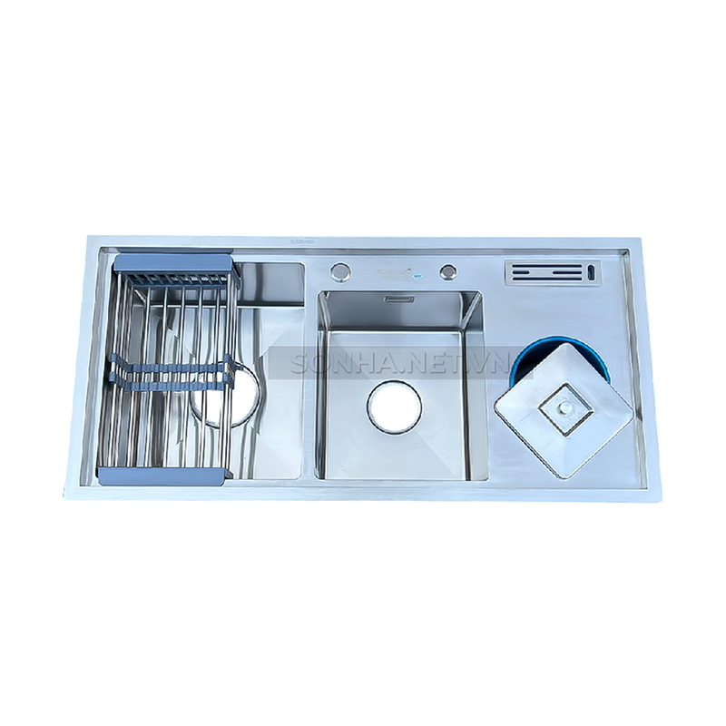 Chậu rửa bát inox 2 hố lệch có bàn chờ phải Kagol K10048 BT 304