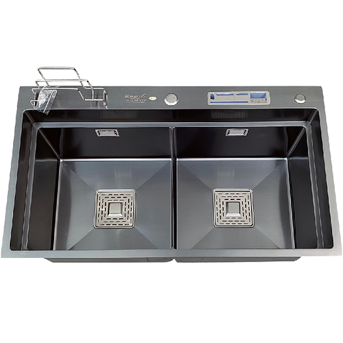 Chậu bếp inox phủ nano 2 hố cân có cài dao, cài thớt Kagol KND8248 BT CD