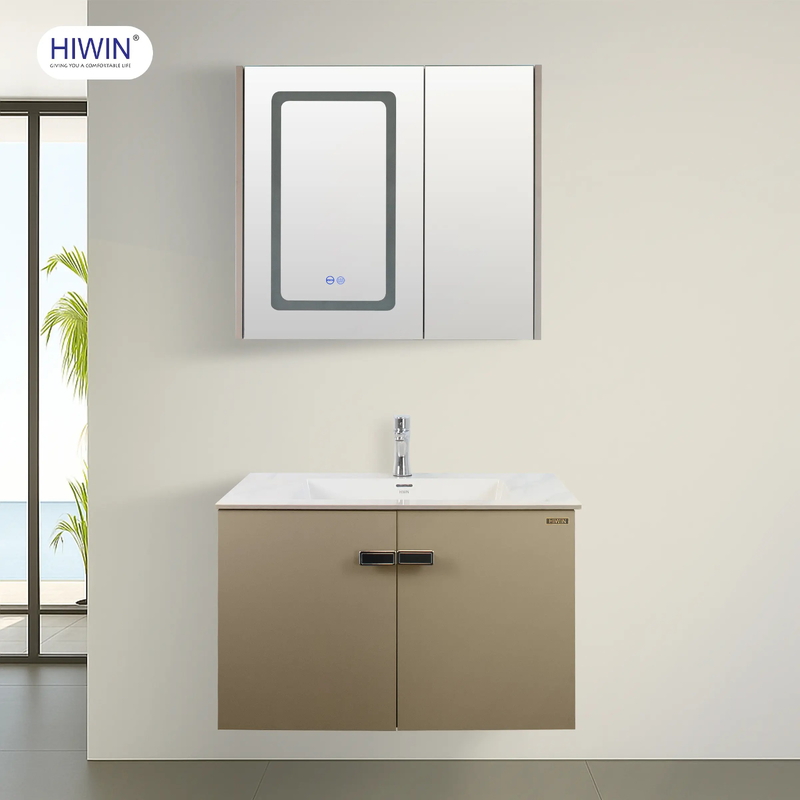 Bộ tủ chậu Lavabo gương thông minh màu kaki Hiwin YP-007