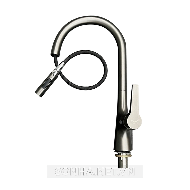 Vòi rửa bát đồng nóng lạnh cần rút phủ nano xám Kagol K12