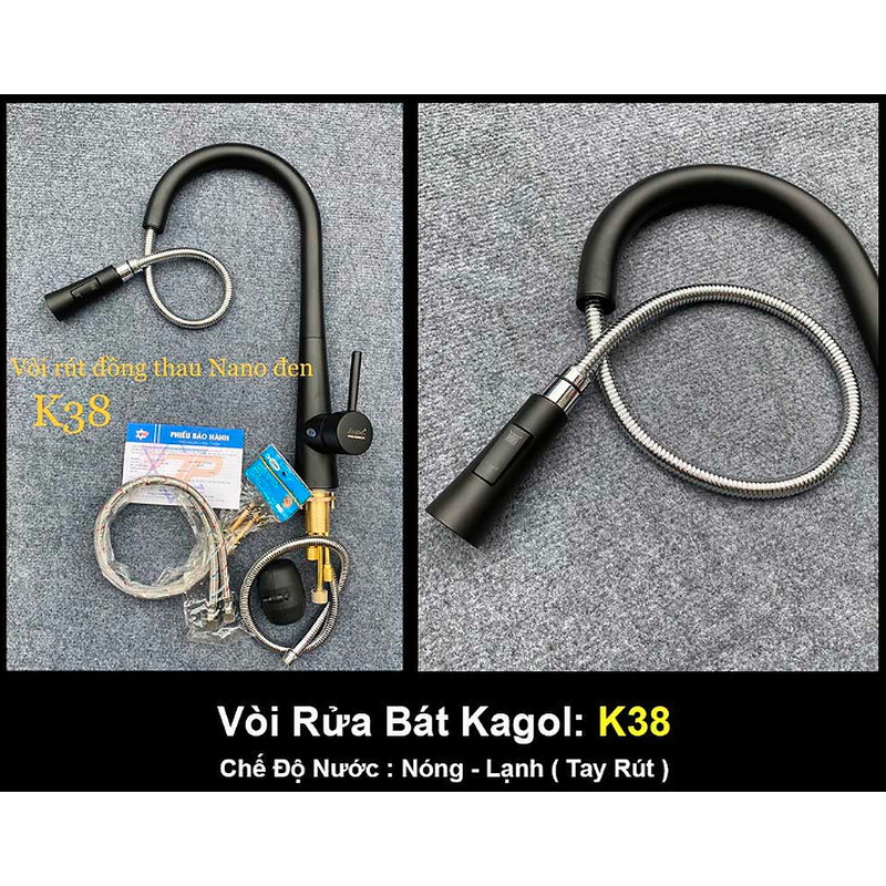 Vòi rửa bát đồng nóng lạnh dây rút phủ nano đen Kagol K39
