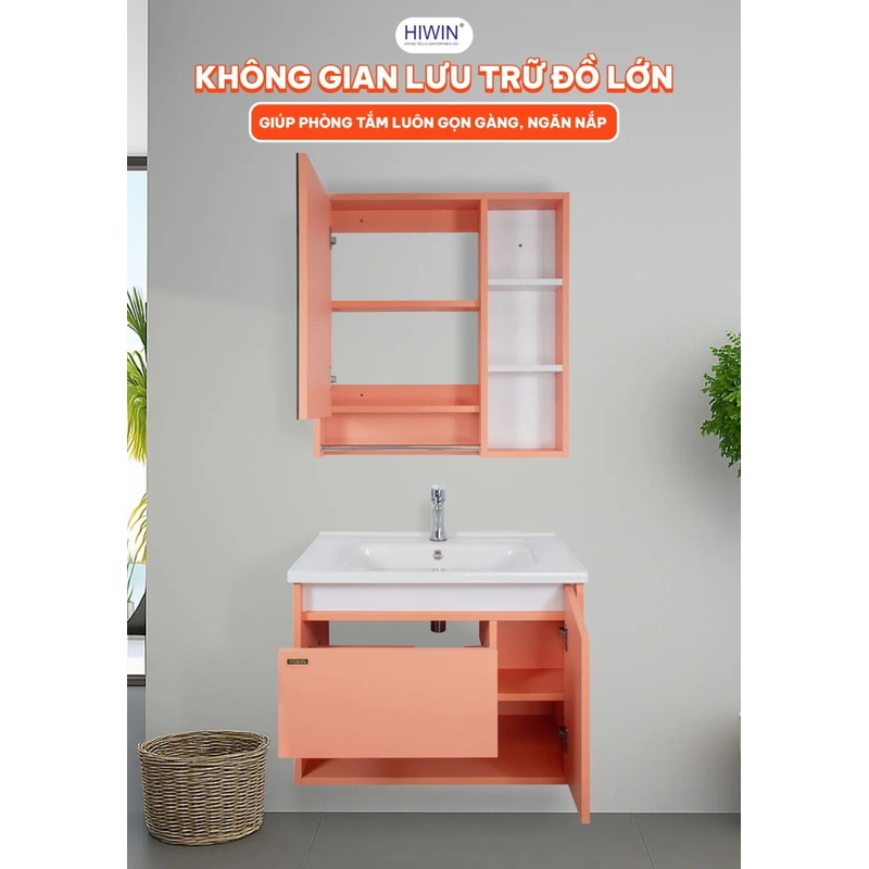 Bộ tủ chậu Lavabo treo tường màu hồng có thanh treo khăn Hiwin YS-2621