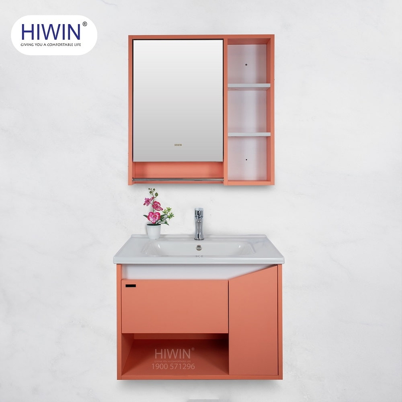 Bộ tủ chậu Lavabo treo tường màu hồng có thanh treo khăn Hiwin YS-2621