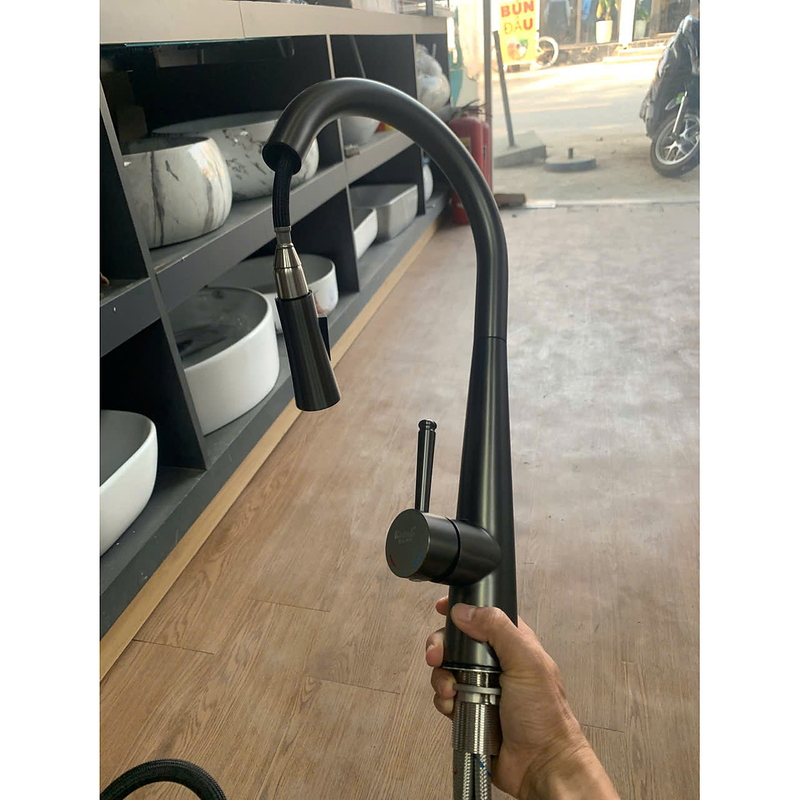 Vòi rửa bát đồng phủ nano nóng lạnh dây rút Kagol K70