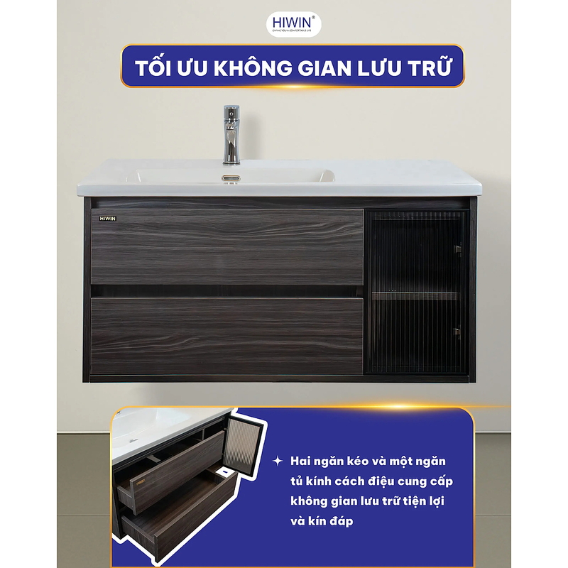 Bộ tủ chậu Lavabo treo tường màu xám vân gỗ Hiwin YS-2626
