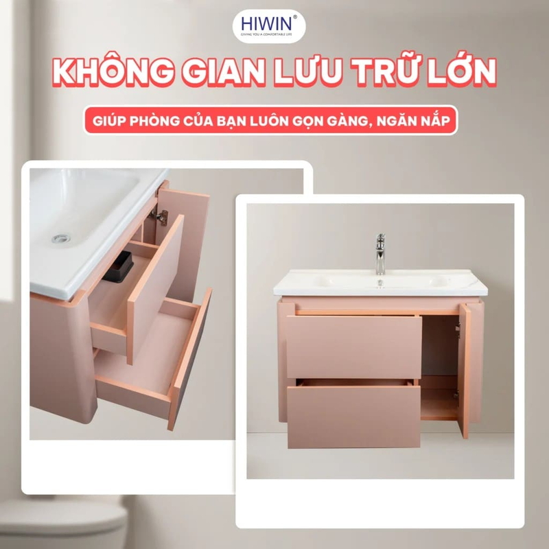 Bộ tủ chậu Lavabo treo tường màu hồng Hiwin YS-1474