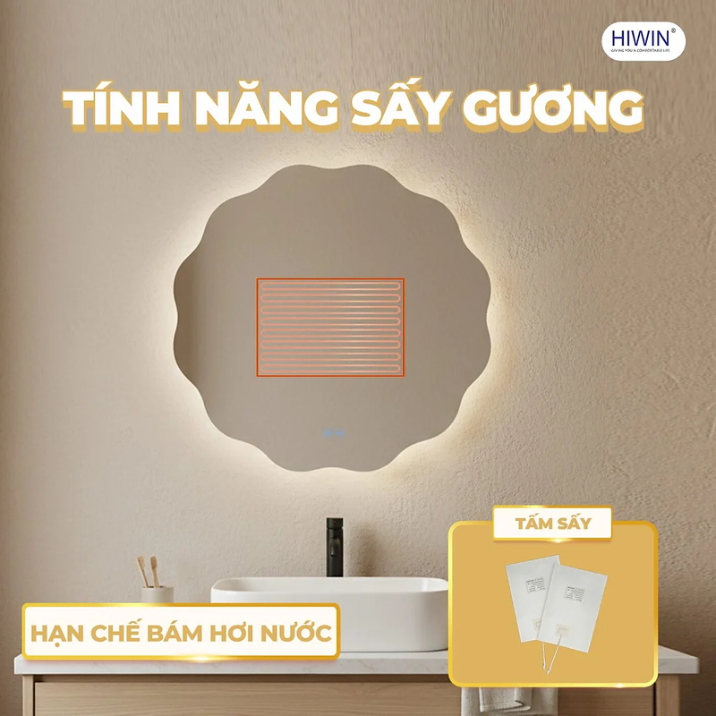 Gương đèn led cảm ứng hình tròn lượn sóng Hiwin M-C7070LD-H