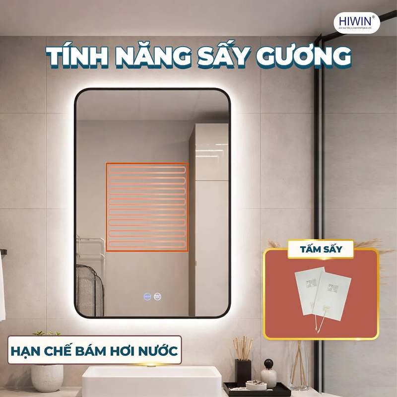 Gương led cảm ứng hình chữ nhật khung màu đen Hiwin M-V4969LD-B