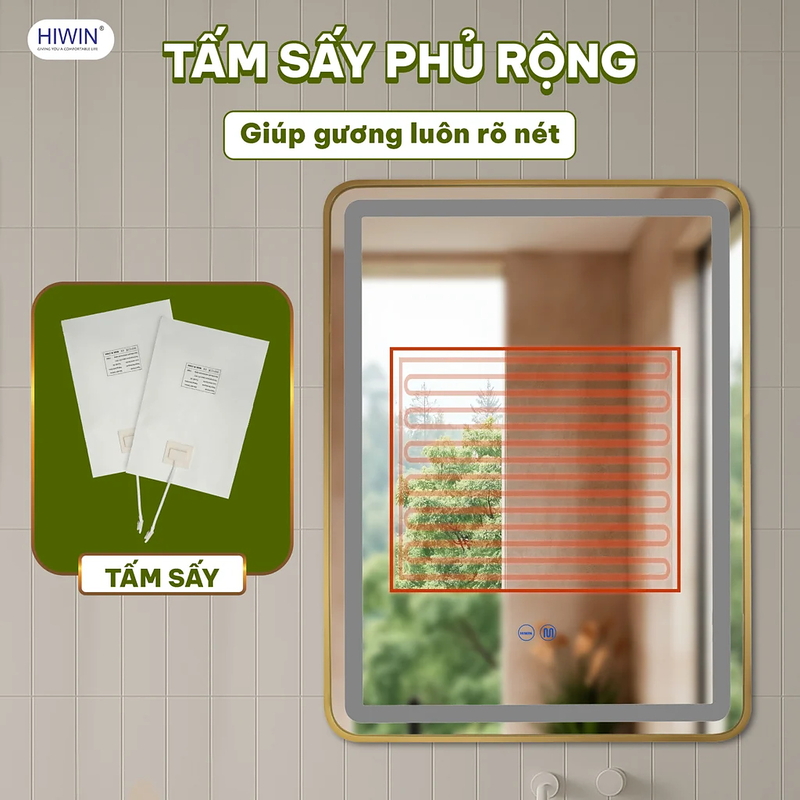 Gương thông minh hình chữ nhật đứng khung inox vàng xước Hiwin M-V8060LD-P