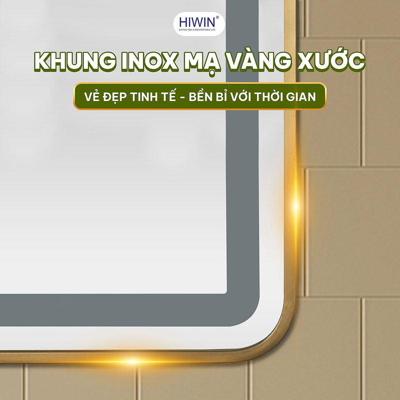Gương thông minh hình chữ nhật đứng khung inox vàng xước Hiwin M-V8060LD-P