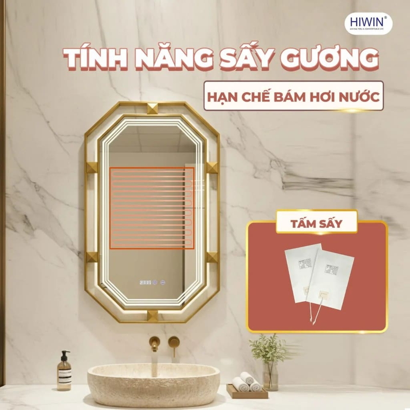 Gương thông minh hình bát giác khung inox Hiwin M-O4887LDWT-P