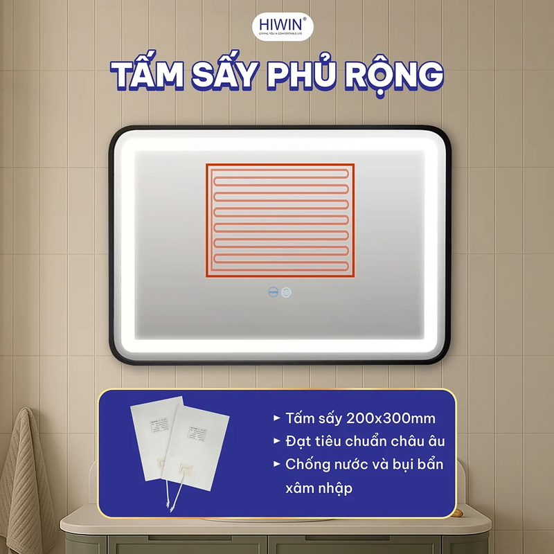 Gương thông minh hình chữ nhật khung màu đen Hiwin M-R7050LD-B