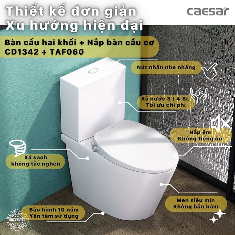 Bồn cầu 2 khối nắp rửa cơ Caesar CD1342/TAF060