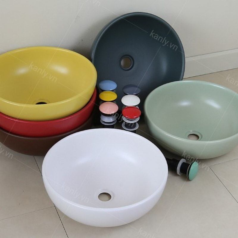 Chậu lavabo đặt bàn sứ tròn màu trắng Kanly SU513