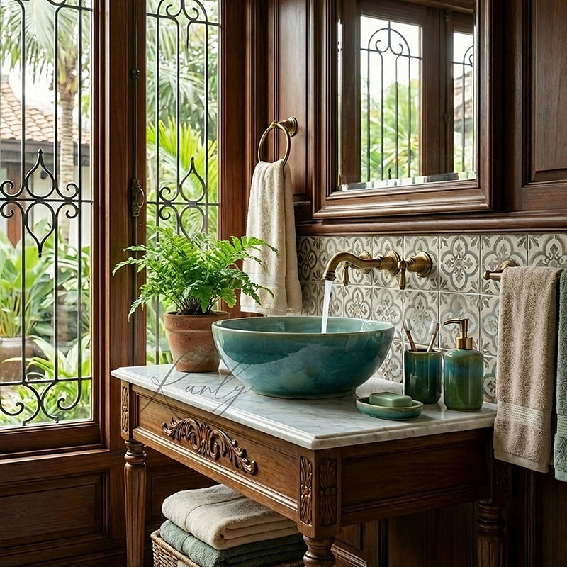Chậu Rửa Mặt Lavabo Gốm Họa Tiết Xanh Rạn Đặt Bàn Kanly GV006