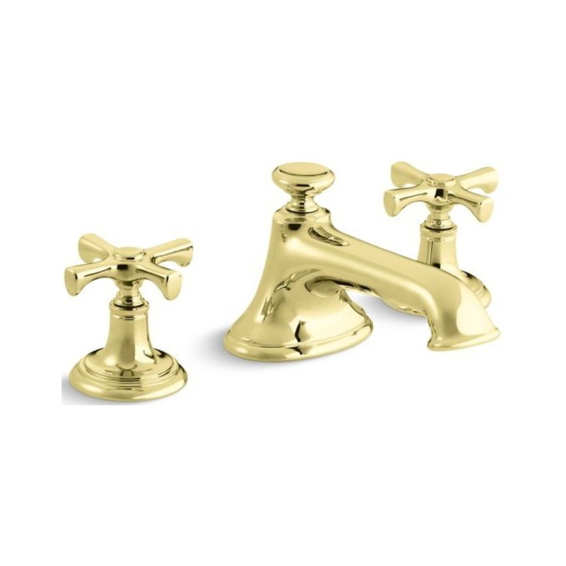 Vòi chậu rửa mặt 3 chân, tay chéo màu vàng Kallista P24601-CR-ULB