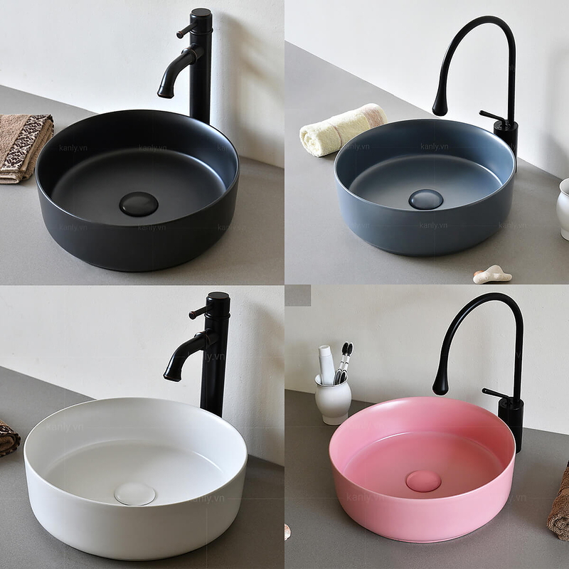 Chậu lavabo đặt bàn sứ tròn màu đen Kanly SU522 