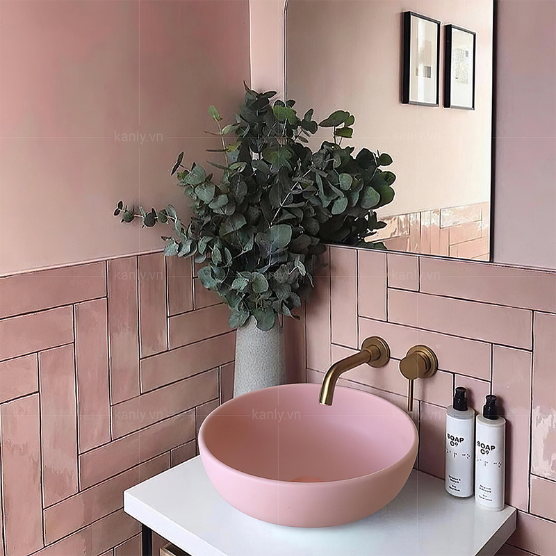 Chậu lavabo đặt bàn sứ tròn màu hồng Kanly SU510
