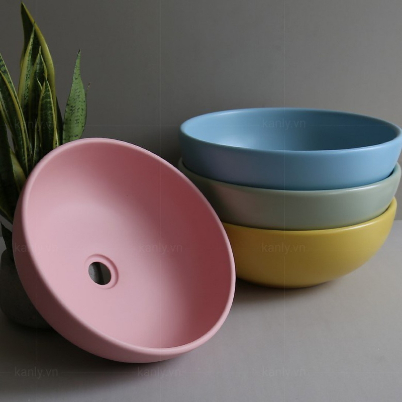 Chậu lavabo đặt bàn sứ tròn màu hồng Kanly SU510