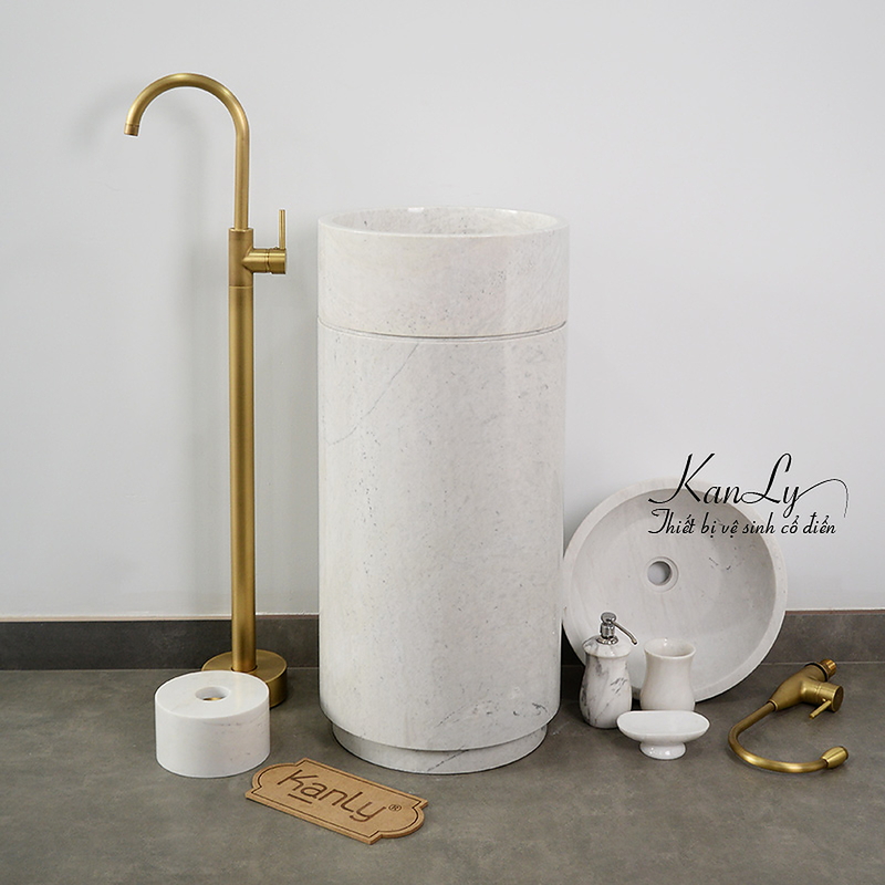 Chậu Rửa Mặt Đặt Sàn bằng đá marble trắng sữa Kanly MAR83CV