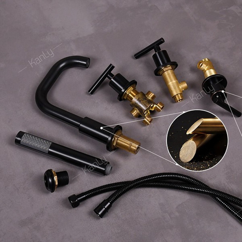 Sen bồn tắm gắn bồn 5 lỗ nóng lạnh bằng đồng màu đen Kanly GCB09B