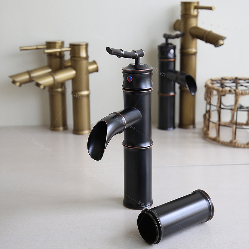 Vòi lavabo nóng lạnh màu đen hình ống tre Kanly GCV02B 