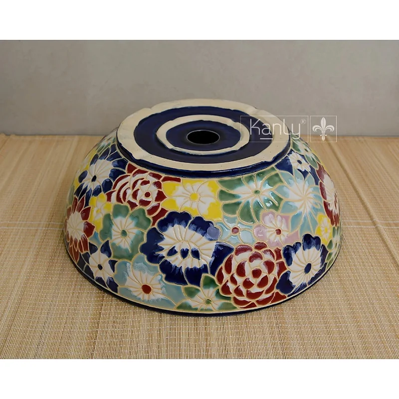 Chậu lavabo gốm mỹ thuật họa tiết bách hoa Kanly GV201
