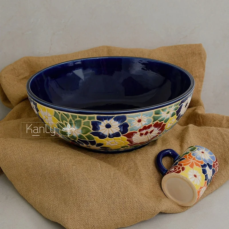 Chậu lavabo gốm mỹ thuật họa tiết bách hoa Kanly GV201
