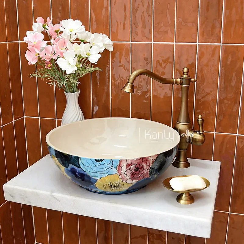 Chậu lavabo gốm mỹ thuật họa tiết bách hoa Kanly GV290