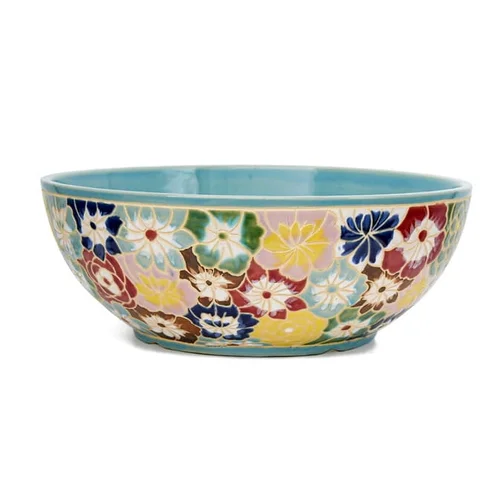 Chậu lavabo gốm mỹ thuật họa tiết bách hoa men rạn xanh Kanly GV202