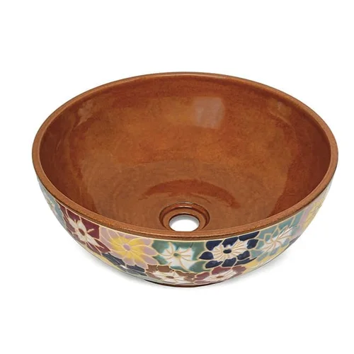 Chậu lavabo gốm mỹ thuật họa tiết bách hoa men rạn nâu Kanly GV203
