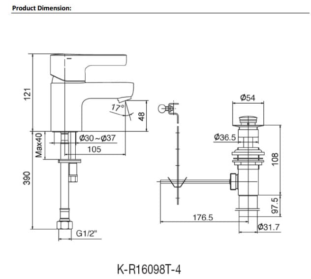 Bản vẽ kỹ thuật vòi chậu rửa cao Kohler Components K-77959T-4AMU-BL