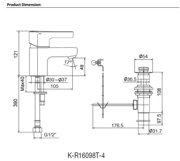 Bản vẽ kỹ thuật vòi chậu rửa cao Kohler Components K-77959T-4AMU-BL