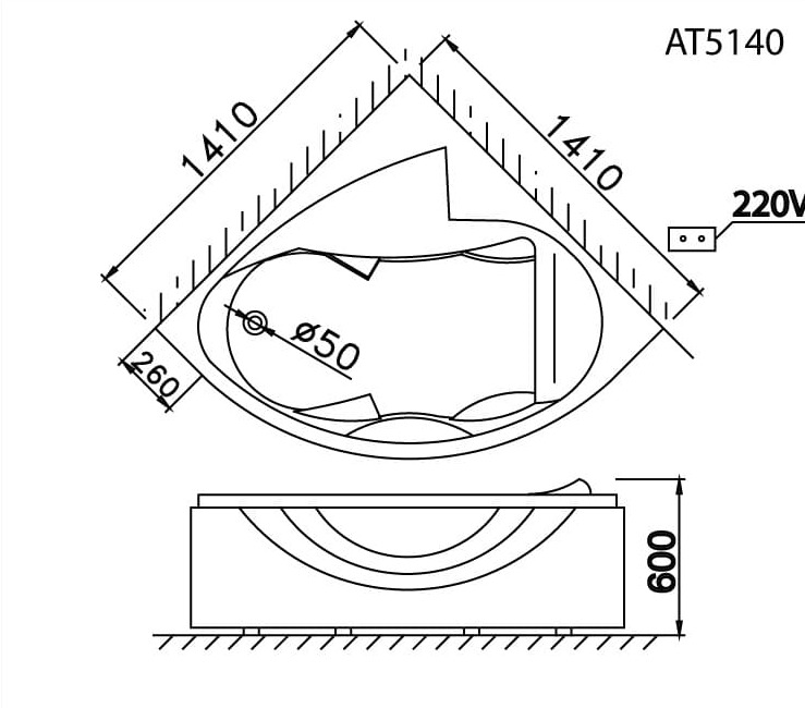 Bản vẽ bồn tắm Caesar AT5140