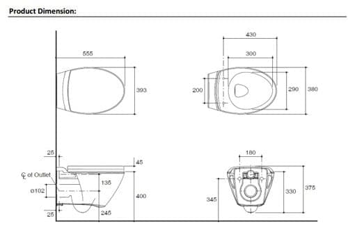 Bản vẽ kỹ thuật Bồn cầu treo tường Kohler K-19080K-0