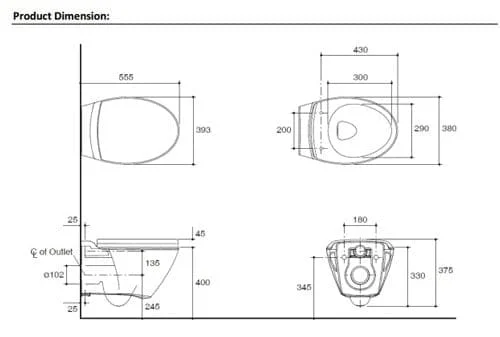 Bản vẽ kỹ thuật Bồn cầu treo tường Kohler K-19080K-0