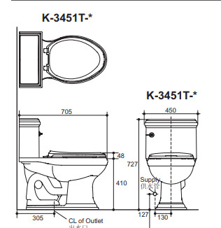 Bản vẽ Bồn cầu Kohler K-3451T-0 một khối