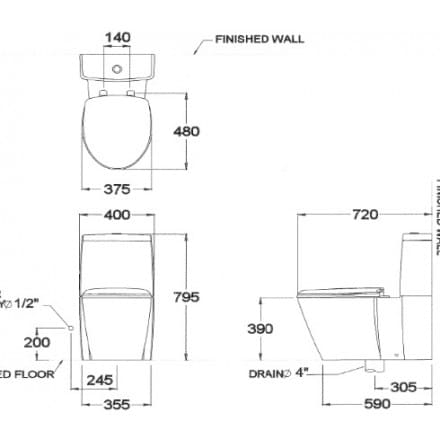 Bản vẽ kỹ thuật Bàn Cầu 2 Khối COTTO C12017 Charisma