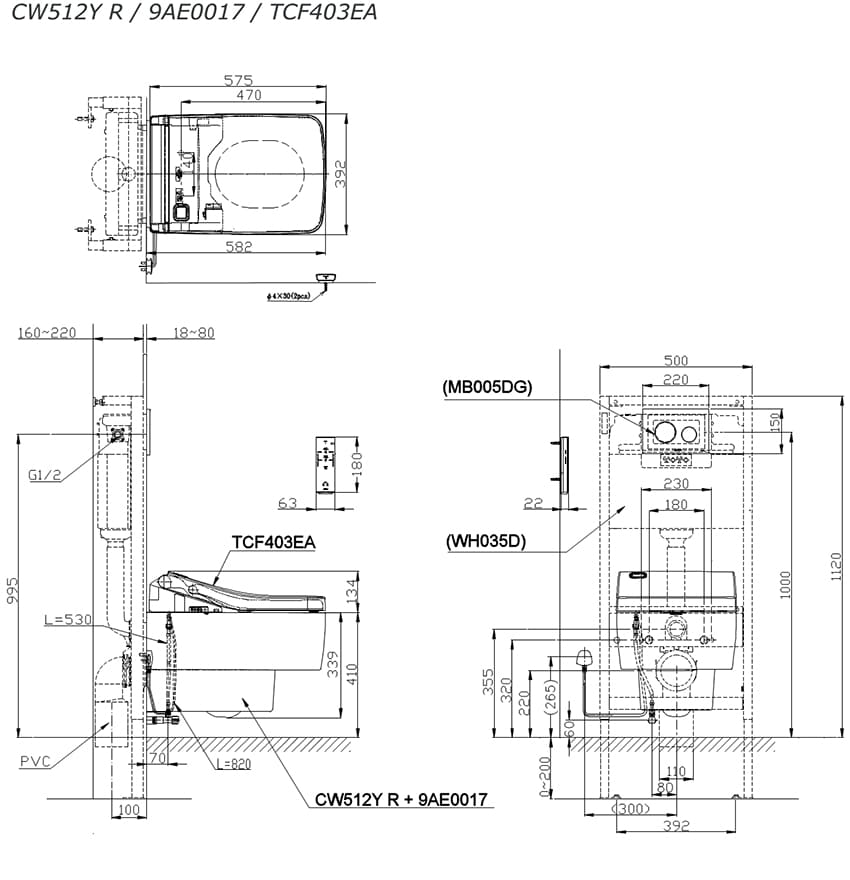 Bản vẽ kỹ thuật Bàn Cầu âm tường TOTO CW512YR/9AE0017/TCF403EA
