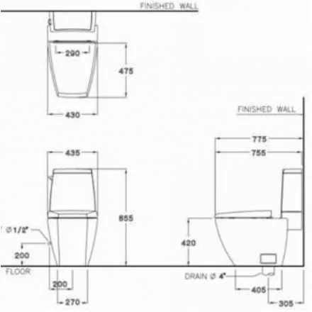 Bản vẽ kỹ thuật Bàn Cầu 2 Khối COTTO C13507 Hercules