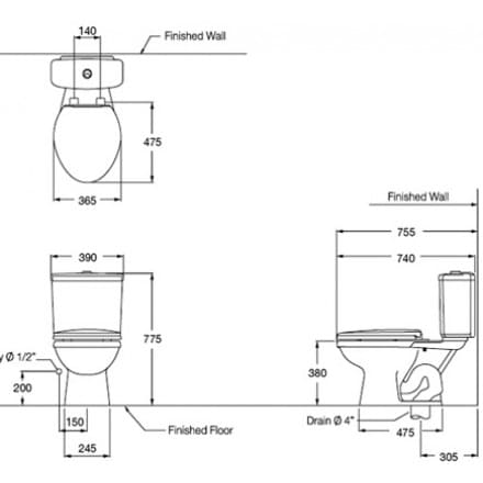 Bản vẽ kỹ thuật Bàn Cầu 2 Khối COTTO C1371 Alex II
