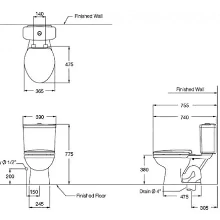 Bản vẽ kỹ thuật Bàn Cầu 2 Khối COTTO C1371 Alex II