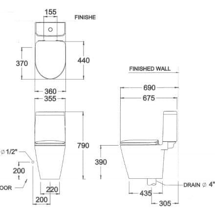 Bản vẽ kỹ thuật Bàn Cầu 2 Khối COTTO C17027 Space Solution