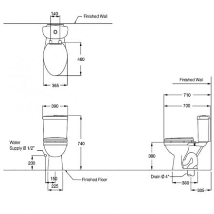bản vẽ kỹ thuật Bàn Cầu 2 Khối COTTO C13961 Wendy