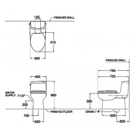 Bản vẽ kỹ thuật Bàn Cầu 1 Khối COTTO C1141 Priz
