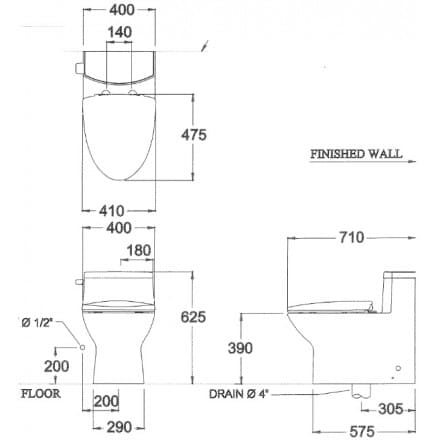 Bản vẽ kỹ thuật Bàn Cầu 1 Khối COTTO C10127 Chloe