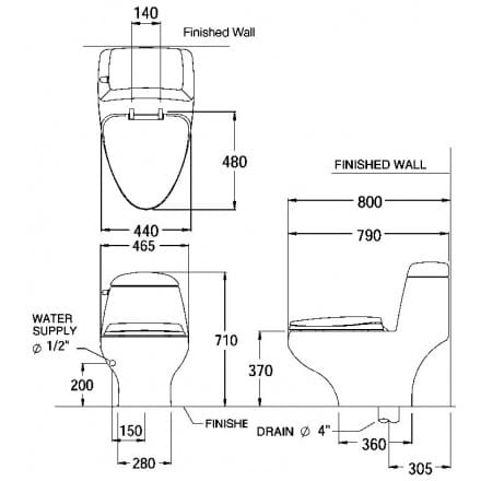 bản vẽ kỹ thuật Bàn Cầu 1 Khối COTTO C1046 Astoria