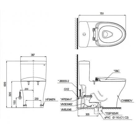 bản vẽ Bàn Cầu 1 Khối Nắp Điện Tử TOTO MS889DW7